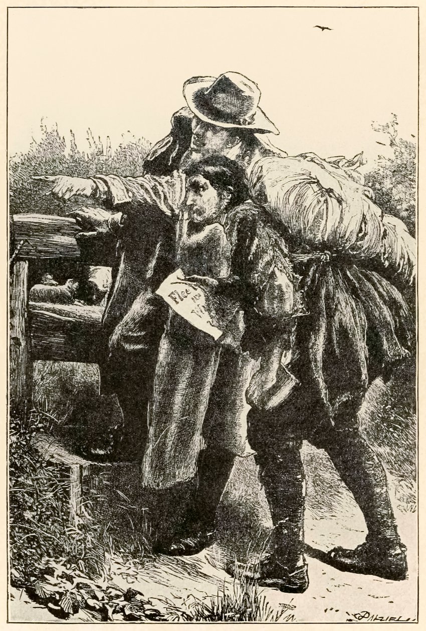 Evangelist viser vei fra The Pilgrims Progress From This World, To That Who Is To Come av John Bunyan (1628-1688) illustrasjon av Thomas Dalziel (1823-1906) Evangelist viser Christian the wa av Dalziel Brothers