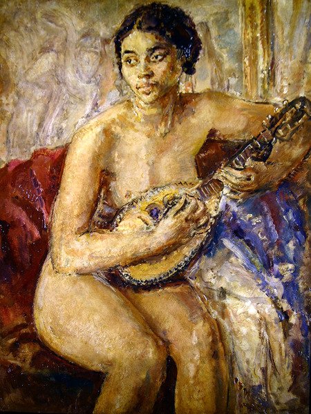 Modell og mandolin (olje på lerret) av Dame Ethel Walker