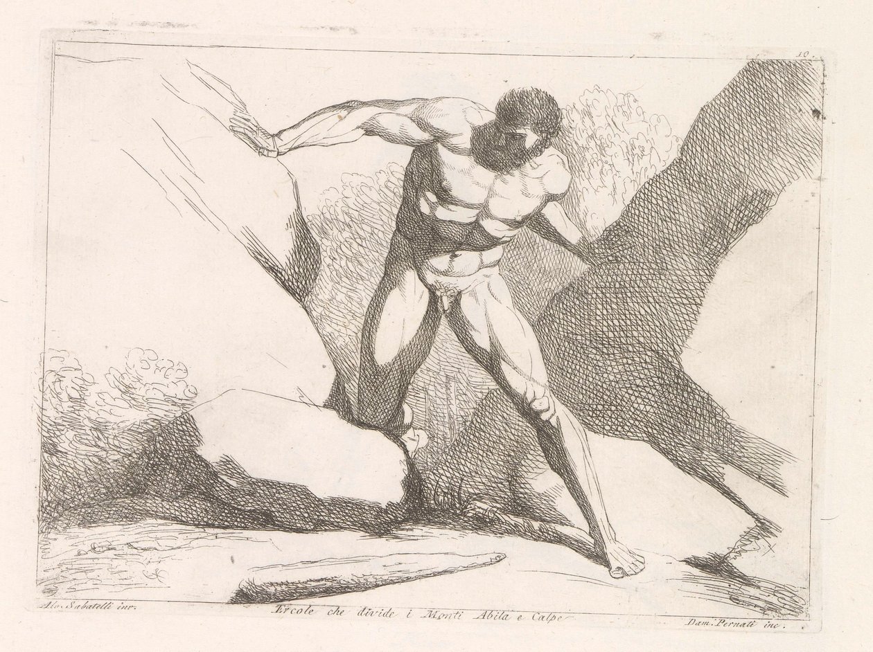 Hercules skiller steinene Calpe og Abila (søylene til Hercules) Ercole che divide i Monti Abila e Calpe (tittel på objekt) av Damiano Pernati