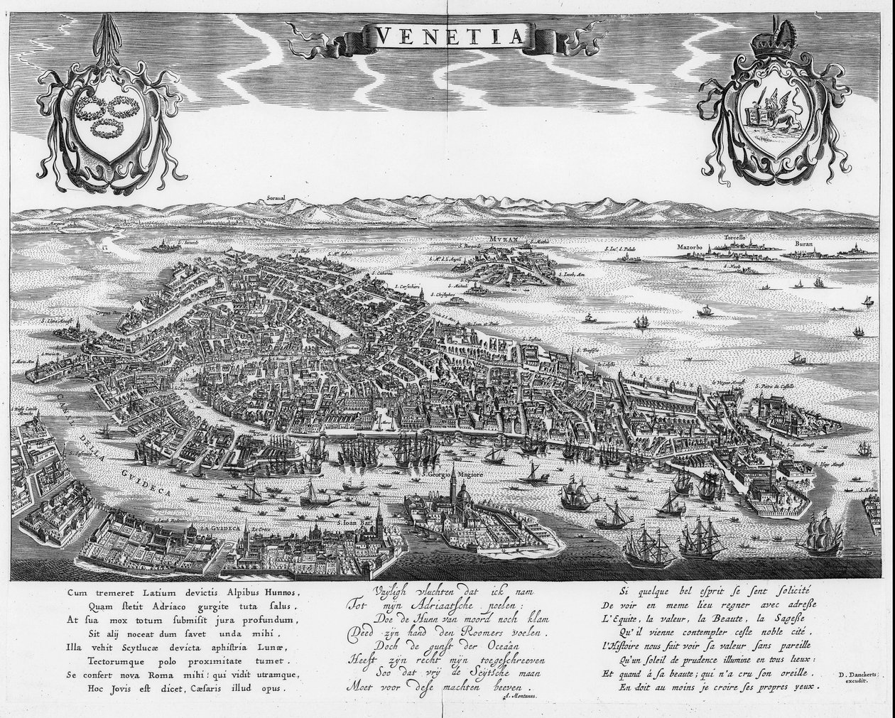 Kart over Venezia med tre tekster på latin, nederlandsk og fransk av Dancker Danckerts