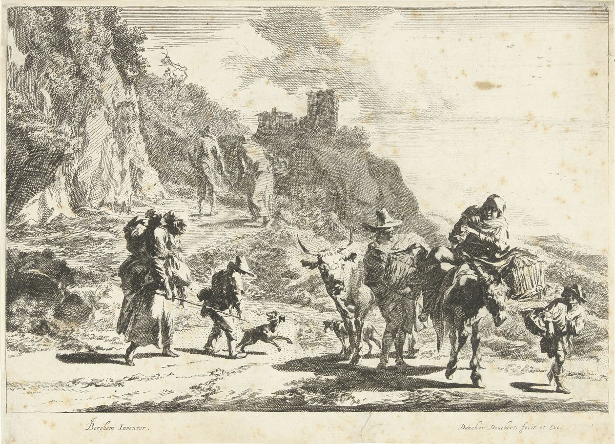 Kvinne på et pakket esel, mann med ku og andre reisende i fjellandskap Southern Landscapes (serietittel) av Dancker Danckerts