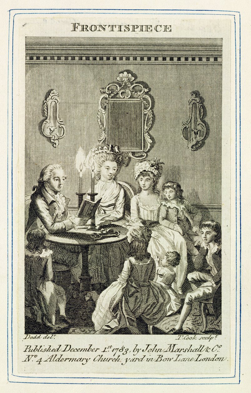 En far som leser for sin familie med levende lys, gravert av Thomas Cook (1744-1818) foran en bokpub. av John Marshall und Co., 1783 av Daniel Dodd