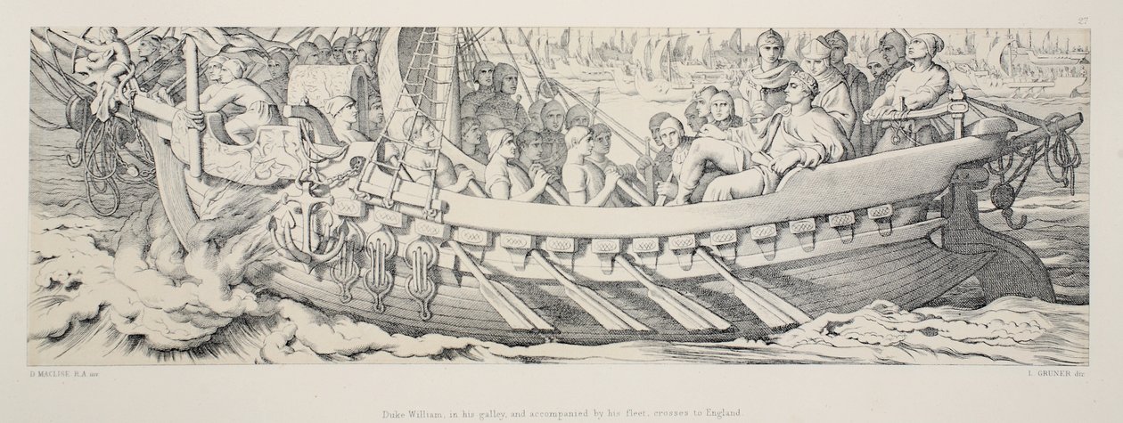 Hertug William, i sin bysse, og ledsaget av sin flåte, krysser til England, fra 'The Story of the Norman Conquest', gravert av L. Gruner, 1866 av Daniel Maclise