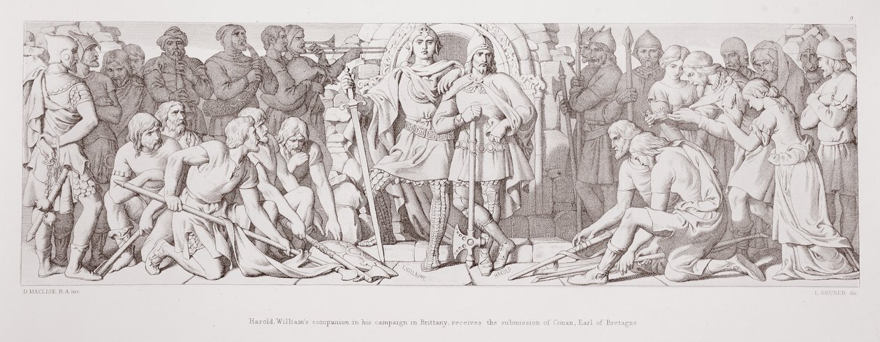 Harold, Williams følgesvenn i felttoget hans i Bretagne, mottar bidraget fra Conan, jarl av Bretagne, fra 'The Story of the Norman Conquest', gravert av L. Gruner, 1866 av Daniel Maclise