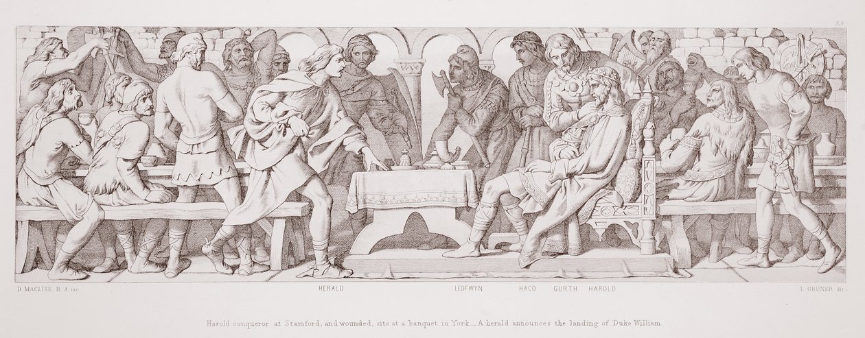 Harold, erobrer ved Stamford, og såret, sitter ved en bankett i York, og en herold kunngjør landgangen til hertug William, fra 