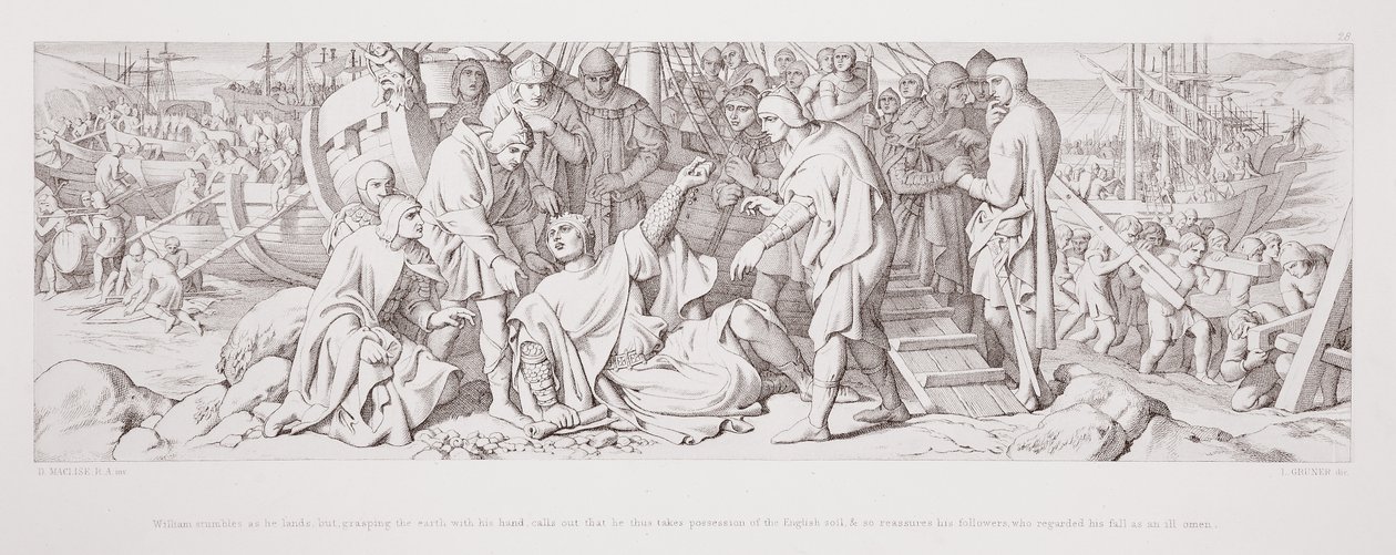 William snubler mens han lander, men griper jorden med hånden og roper at han tar den engelske jord i besittelse, og beroliger dermed sine tilhengere, som så på hans fall som et dårlig tegn, fra av Daniel Maclise
