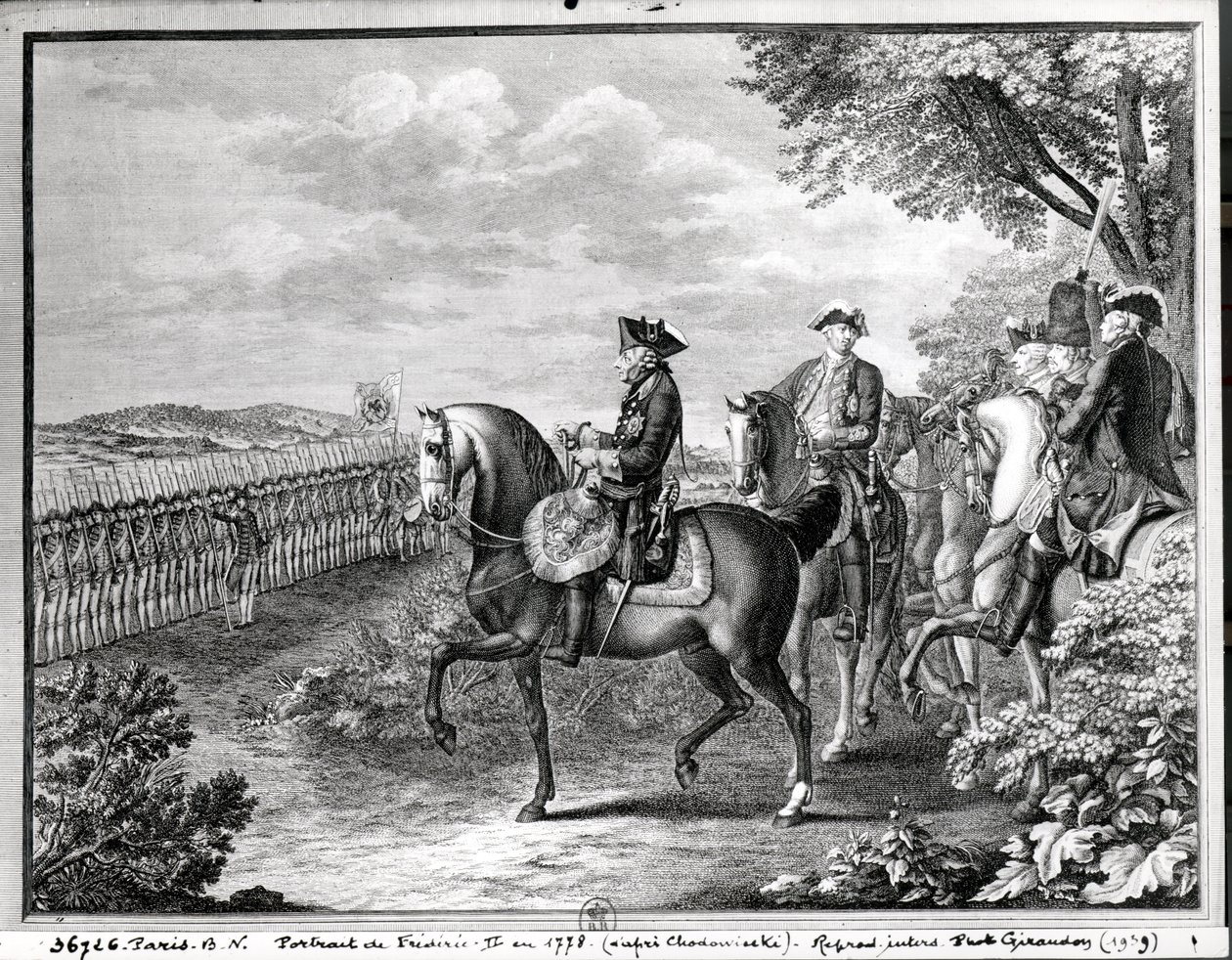Kong Frederick II av Preussen (1712-86) gjennomgikk troppene i 1778 av Daniel Nikolaus Chodowiecki