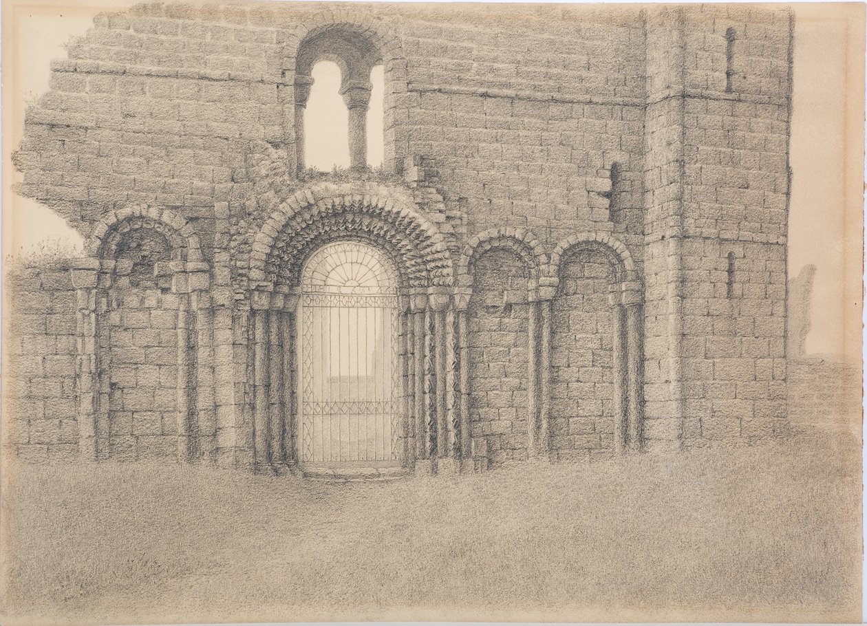 Lindisfarne Priory, West Front, ca. 1916 (kull på kort) av Daniel Oliver