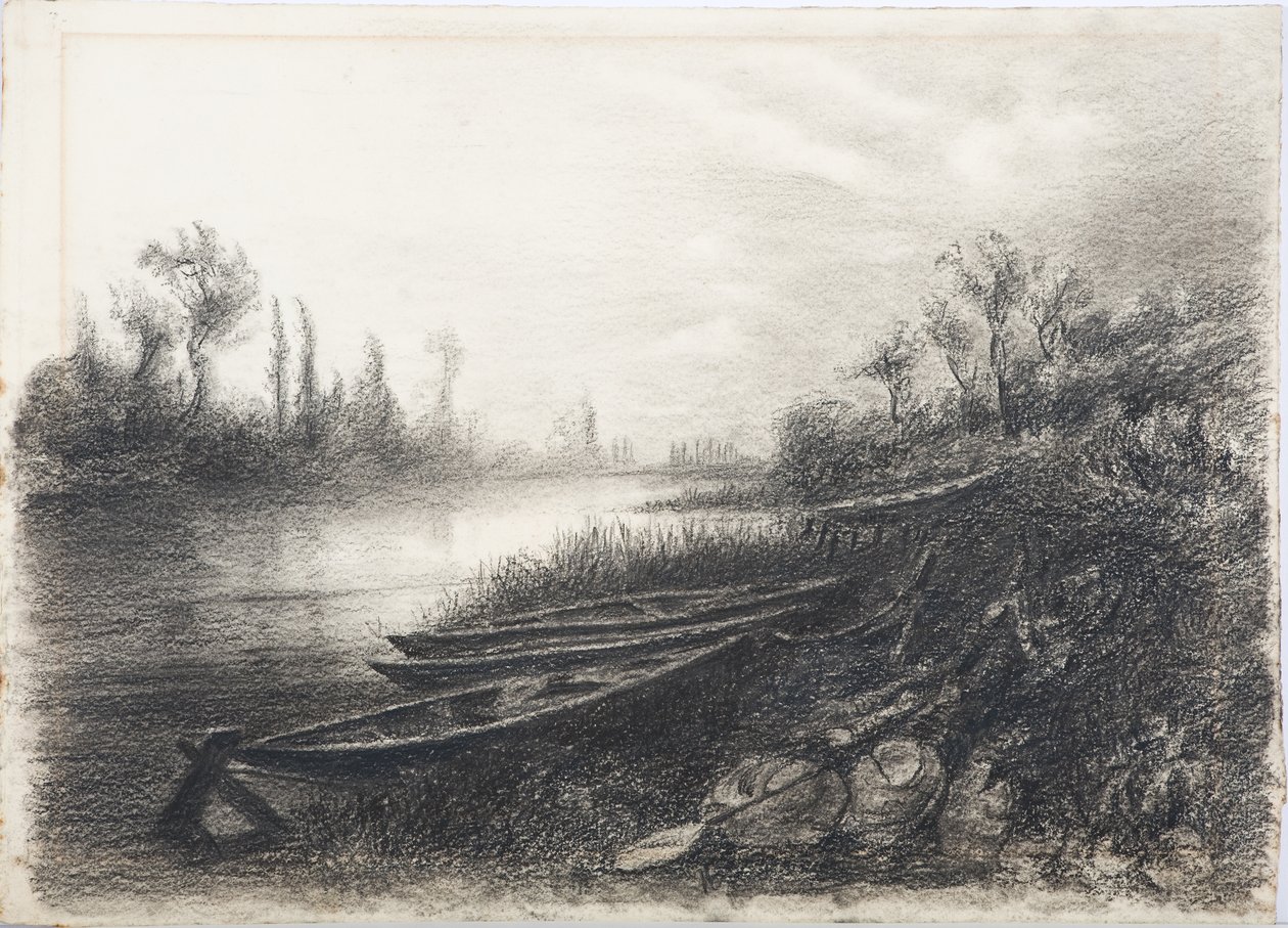 Elvescene med båter, ca. 1916 (kull på papir) av Daniel Oliver