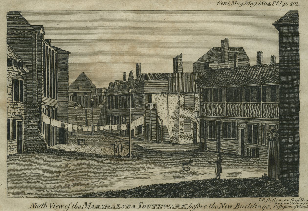 Nordutsikt over Marshalsea, Southwark, før de nye bygningene, gravert av T.P., ca. 1804 av Daniel Orme