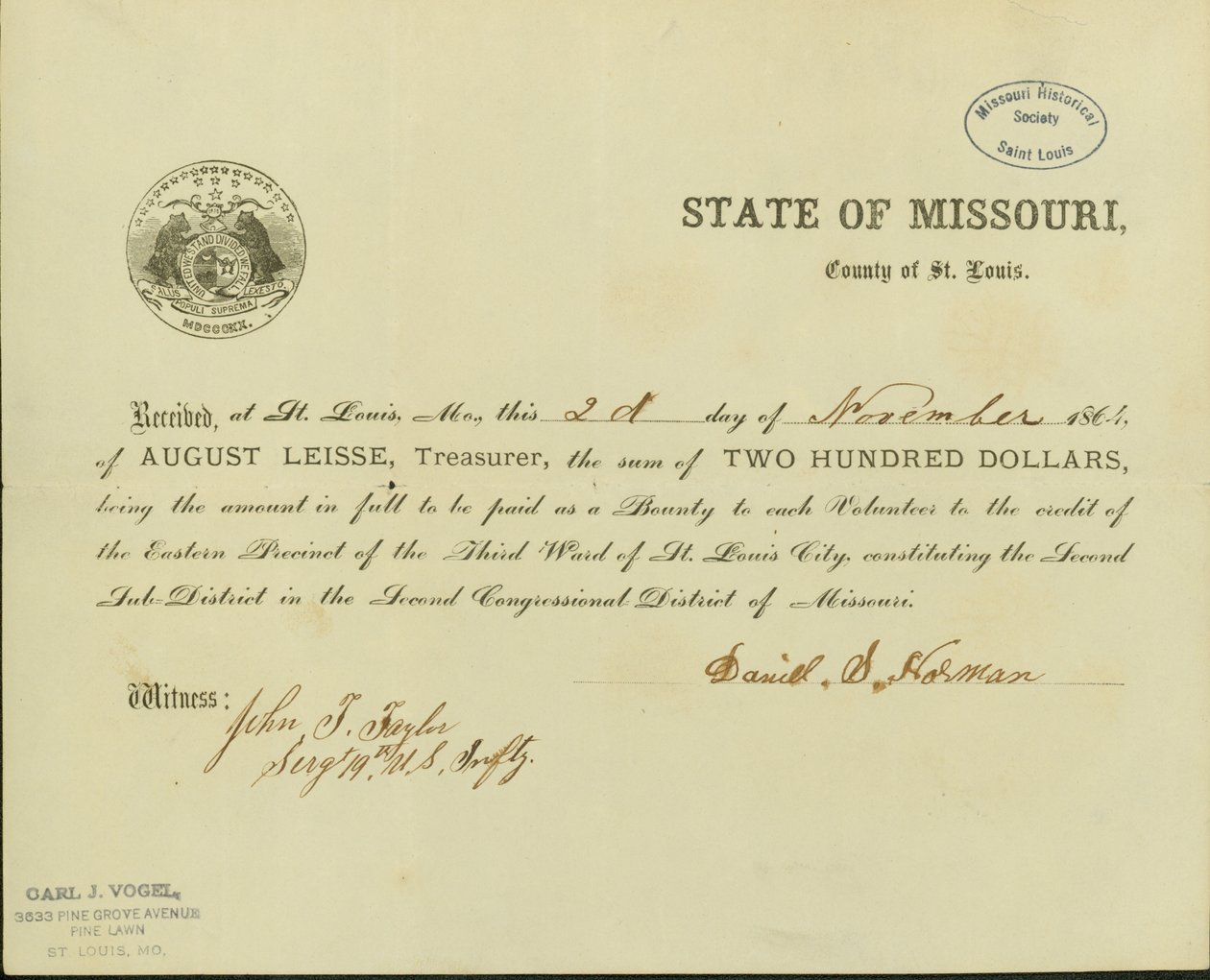 Stater som Daniel S. Horman mottok fra August Leisse, kassereren i staten Missouri, St. Louis County, to hundre dollar som dusør av Daniel S. Horman
