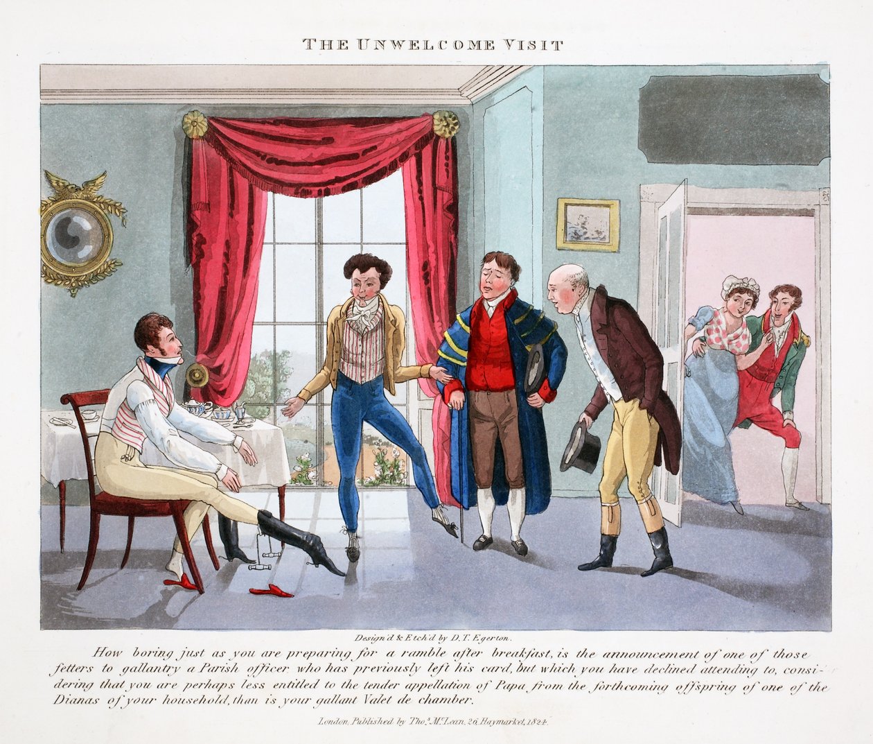 The Unwelcome Visit, illustrasjon fra "Fashionable Bores or Coolers in High Life" av Peter Quiz, pub. Thomas McLean, London 1824 (håndfarget gravering) av Daniel Thomas Egerton
