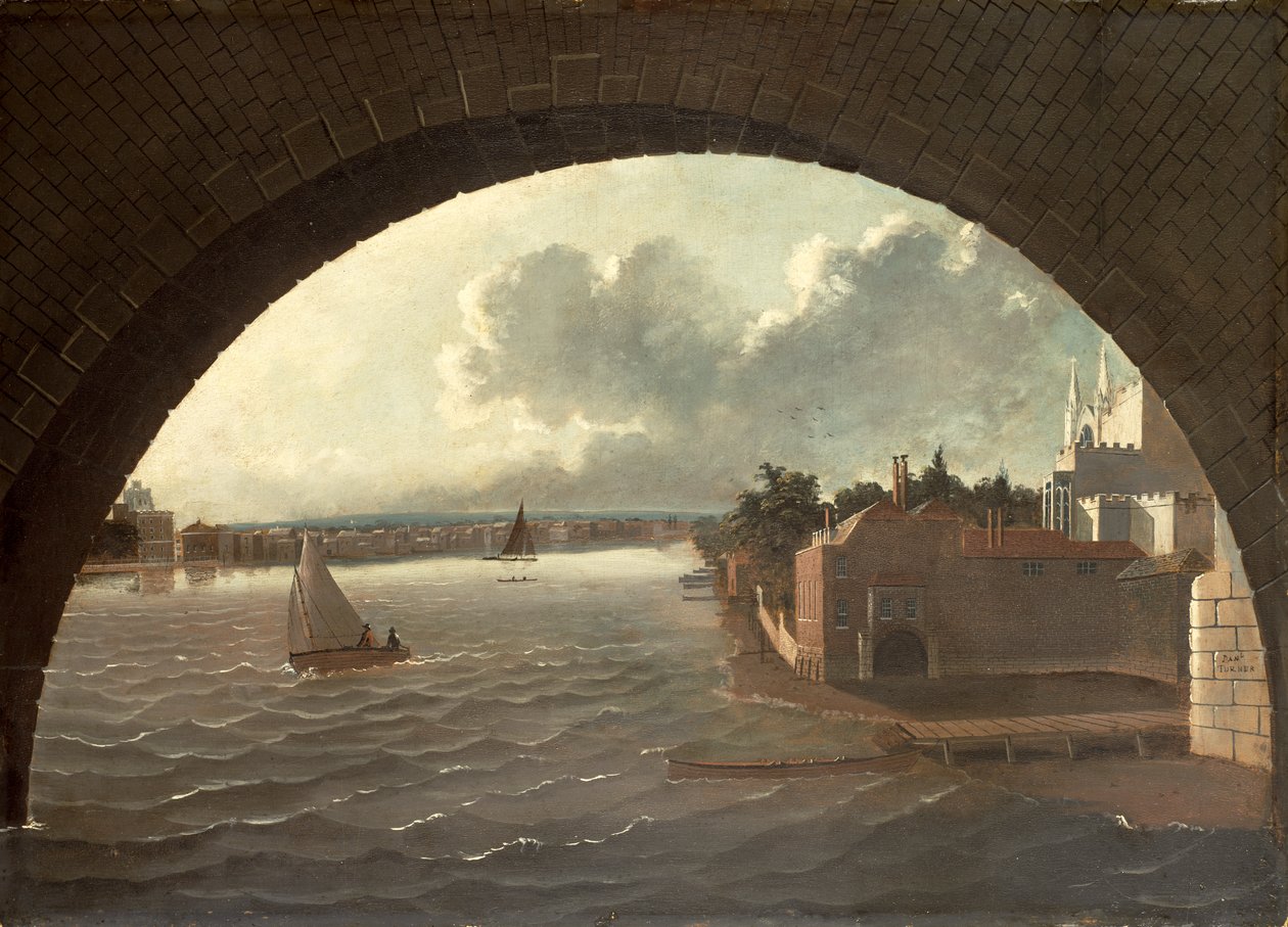 Themsen ved Westminster sett gjennom buen til en bro av Daniel Turner