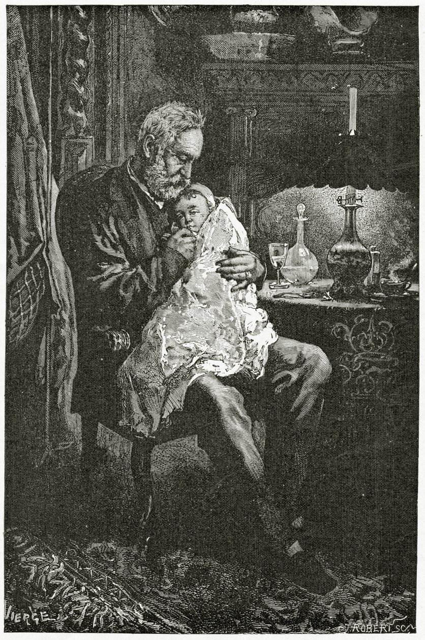 Det syke barnet, 1800-tallet (bw-gravering) av Daniel Urrabieta Vierge