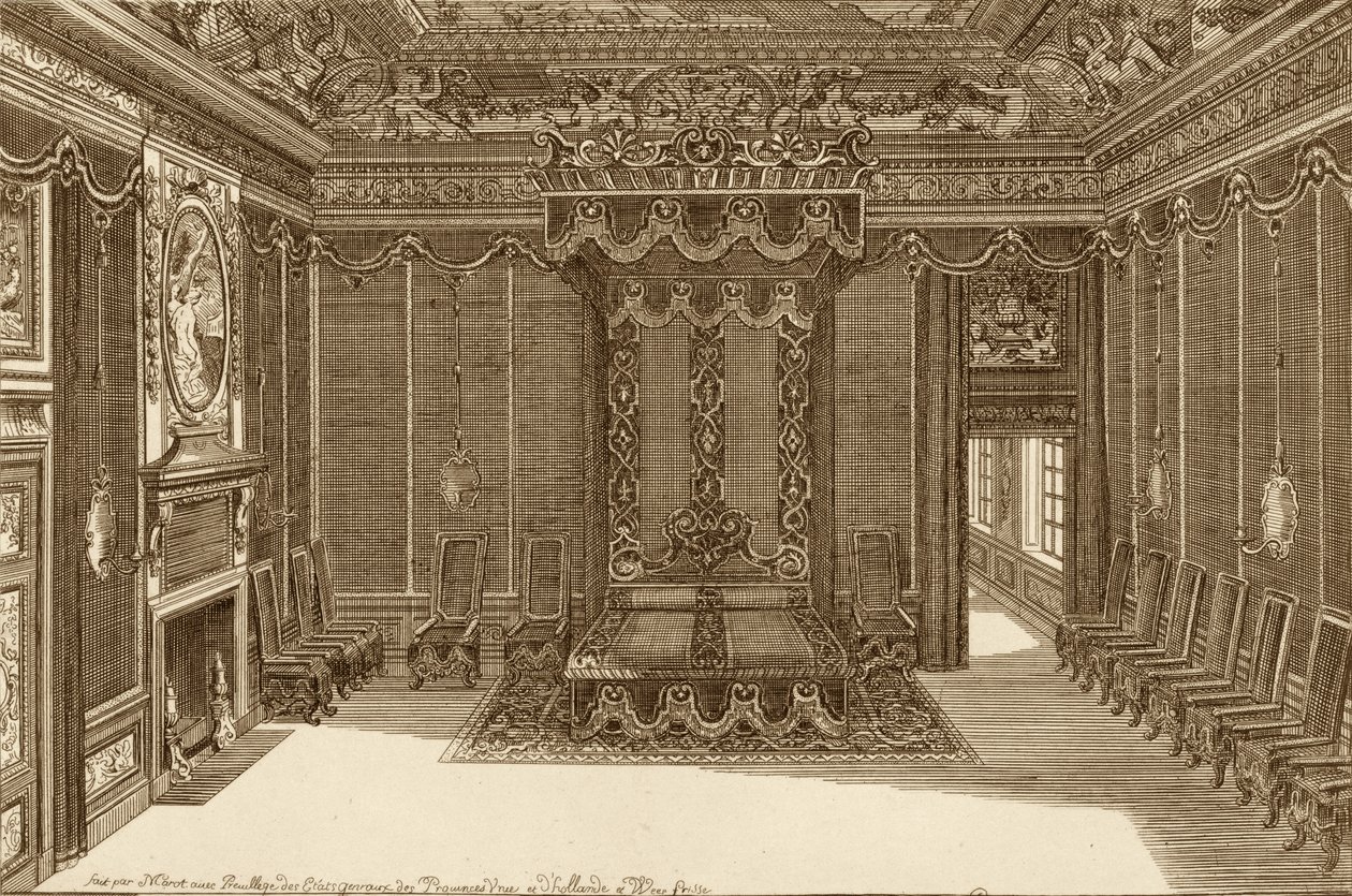 Design for et soverom med en statsseng, fra New Book of Apartments, 1703 av Daniel the Elder Marot