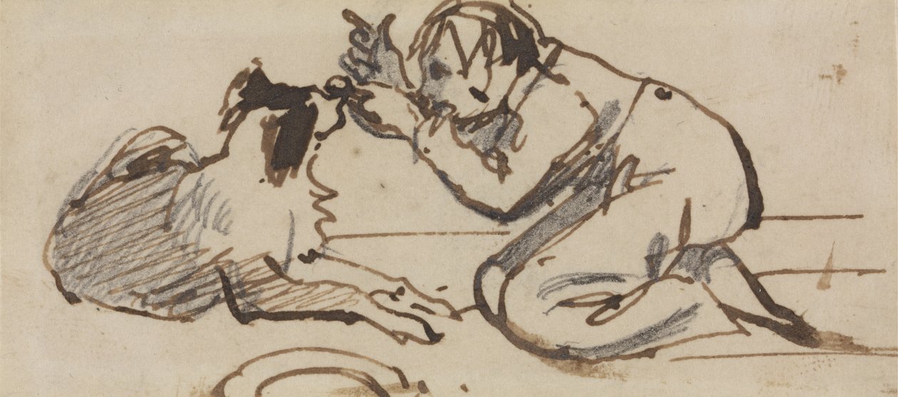 Et barn som leker med en hund (blyant, penn og brunt blekk på papir) av Daniel Maclise