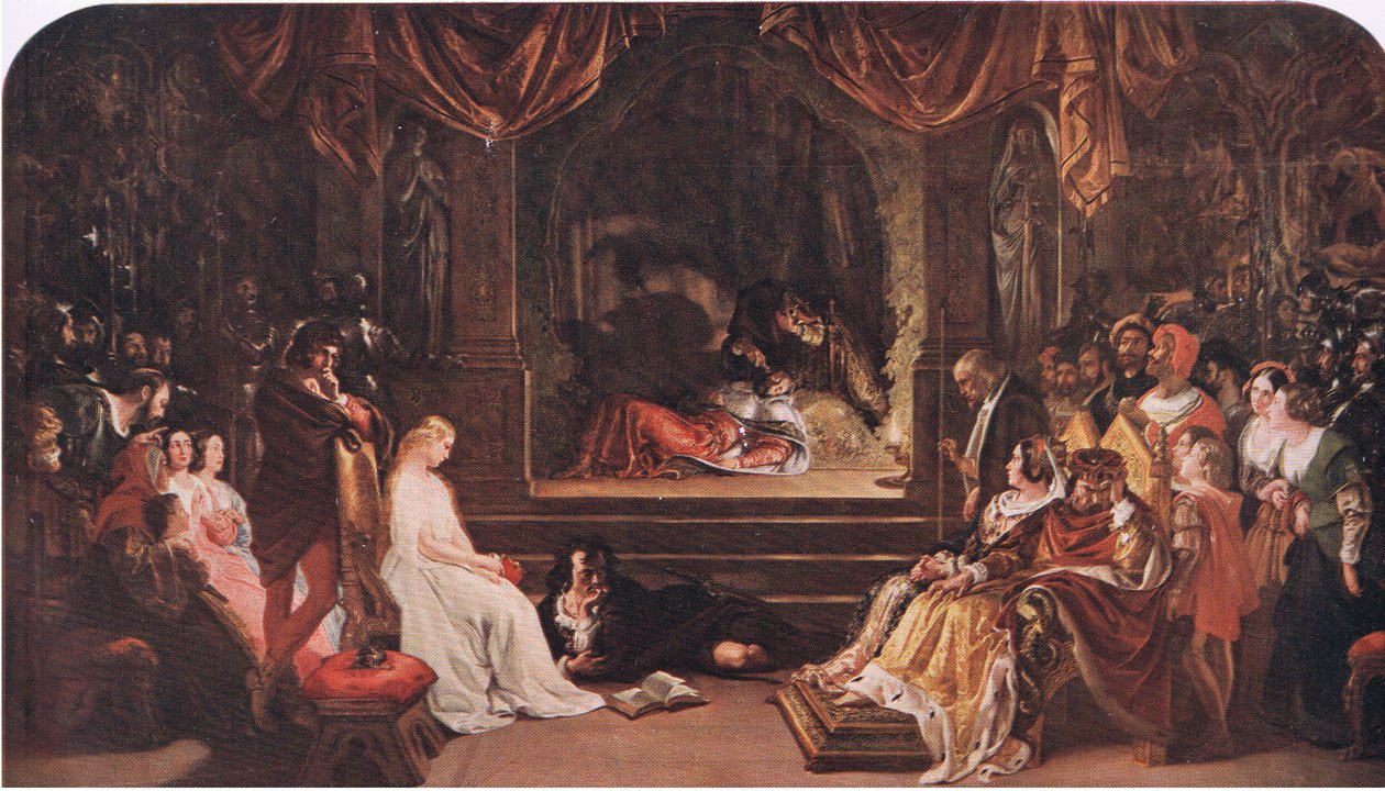 Hamlet og spillerne (Hamlet) "He poisons him I the garden for the state", fra The Complete Works of William Shakespeare pub.av J Coker & Co Ltd (farge litho) av Daniel Maclise