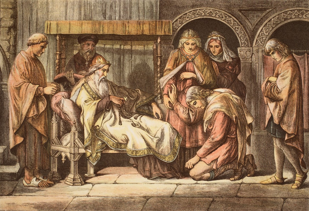 Harold, som vender tilbake fra Normandie, presenterer seg for Edward the Confessor, gravert av JD Cooper (farget gravering) av Daniel Maclise