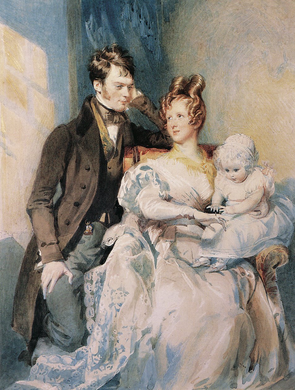 Portrett av Mr og Mrs MacGregor med barnet deres (blyant og akvarell med hvit forhøyning på papir) av Daniel Maclise