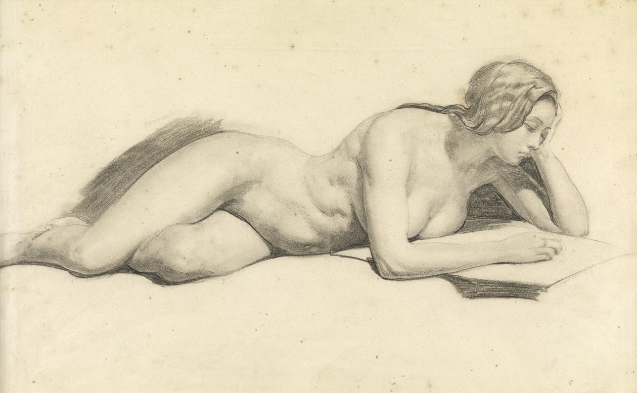 Studie av en kvinnelig nakenlesing (blyant på papir) av Daniel Maclise