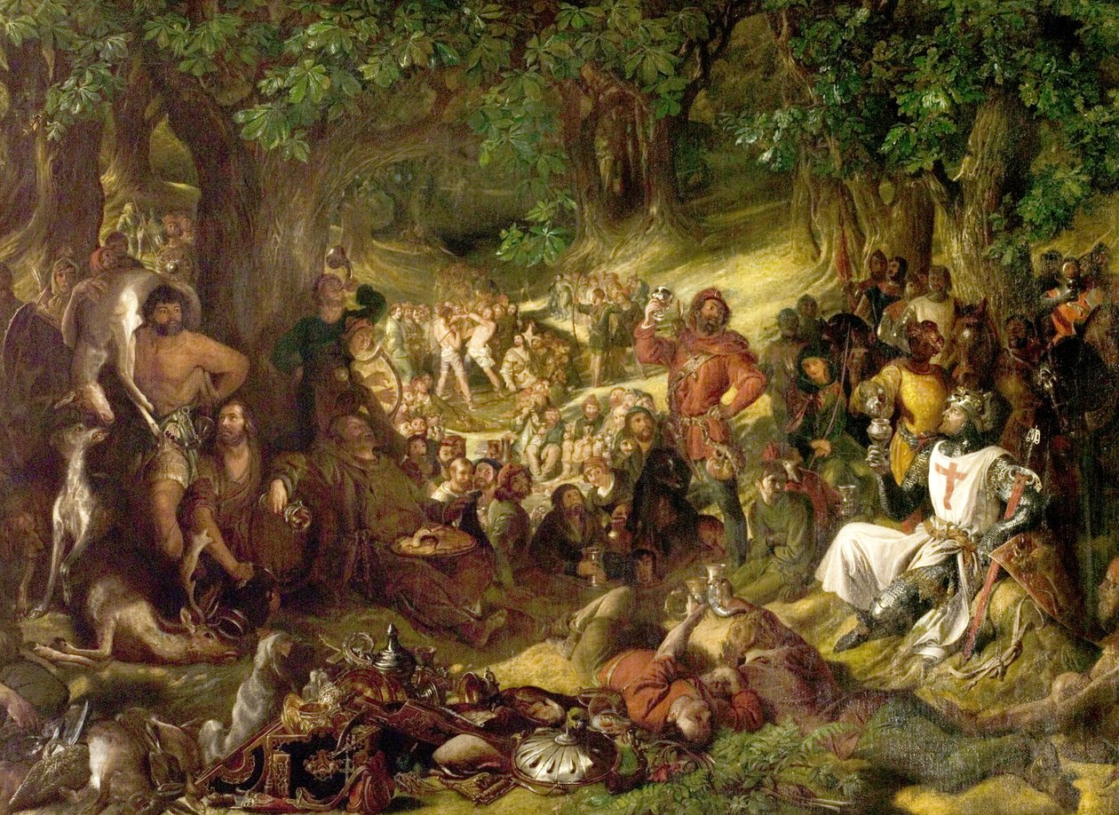 Robin Hood and His Merry Men underholder Richard the Lionheart i Sherwood Forest av Daniel Maclise