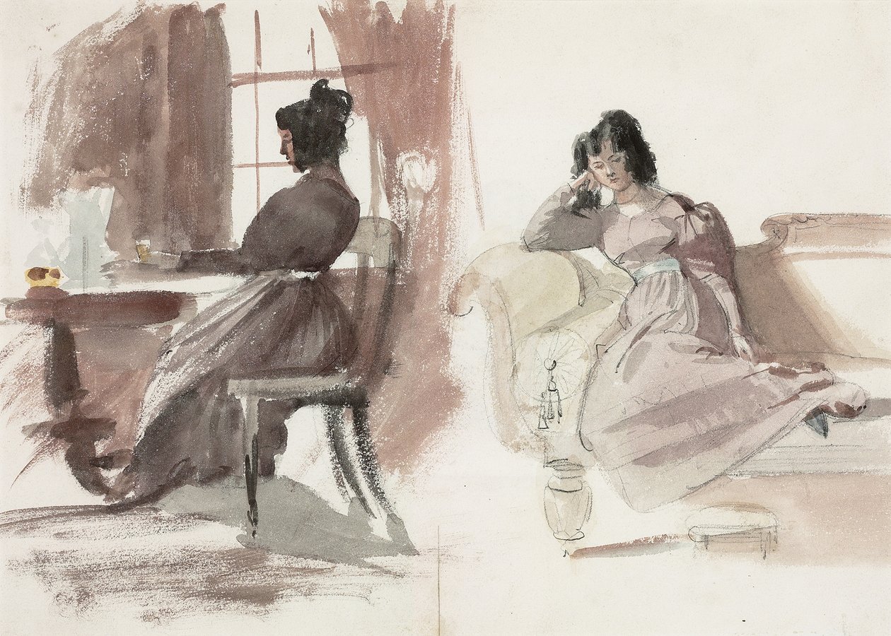 Studier av en ung dame i en rosa kjole, sittende ved skrivebordet og sittende på en sjeselong (blyant og akvarell på papir) av Daniel Maclise
