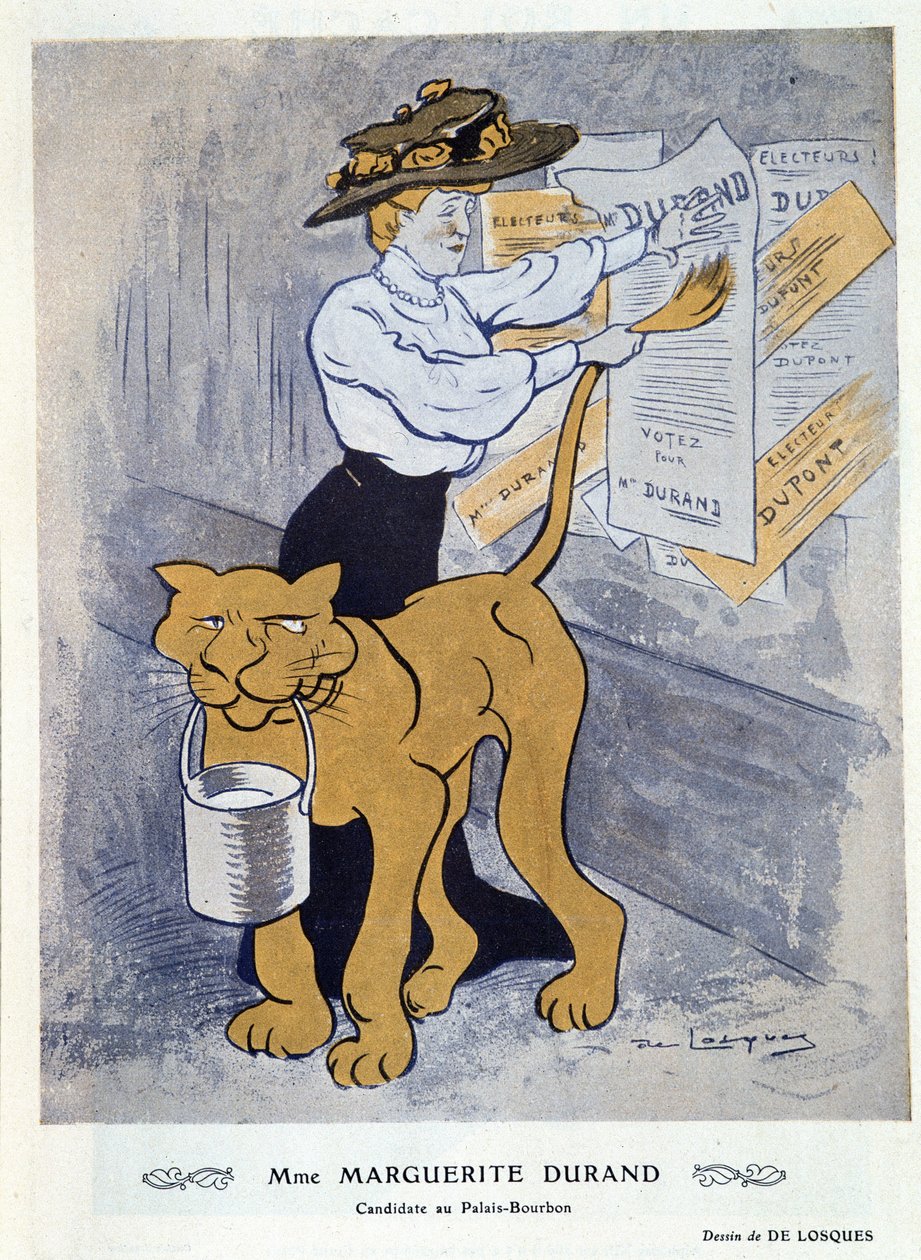 Marguerite Durand stikker opp valgplakatene sine - av Daniel De Losques (Henri Casimir Paul Thouroude dit) (1880-1915), i "" Fantasio"" av 01.04.1910 av Daniel de Losques