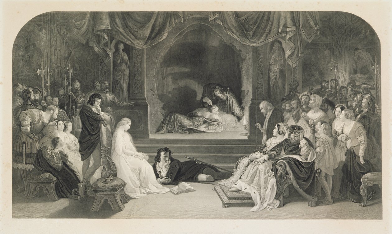 The Play Scene, Act III, Scene II of Hamlet av William Shakespeare, gravert av Charles W. Sharpe (litho) av Daniel (after) Maclise