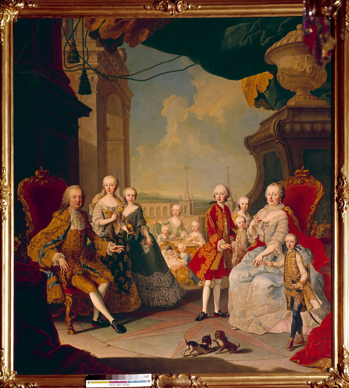 Francois I av det hellige rike (1708-1765) og hans kone, imponen Marie Therese Iere (1717-1780) med sine elleve barn på terrassen til slottet Schönbrunn (eller Schönbrunn) Den fremtidige dronningen Marie Antoinette poserer i sentrum fortsatt baby. Maling av Daniel (and Studio) (after) Mytens