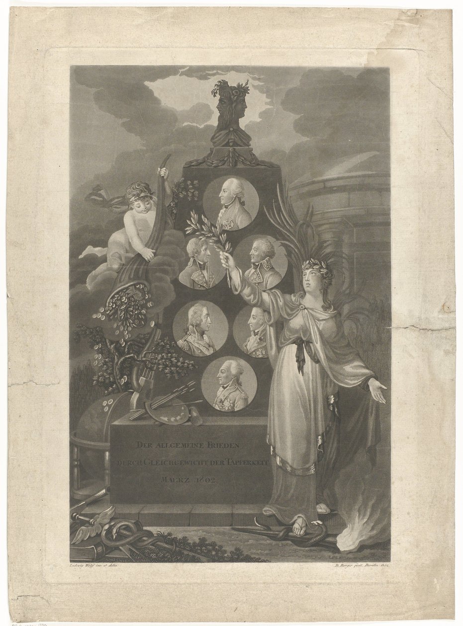 Allegory op de Vrede van Amiens, 1802 Den generelle fred gjennom balanse mellom tapperhet mars 1802 (tittel på objekt) av Daniel Berger