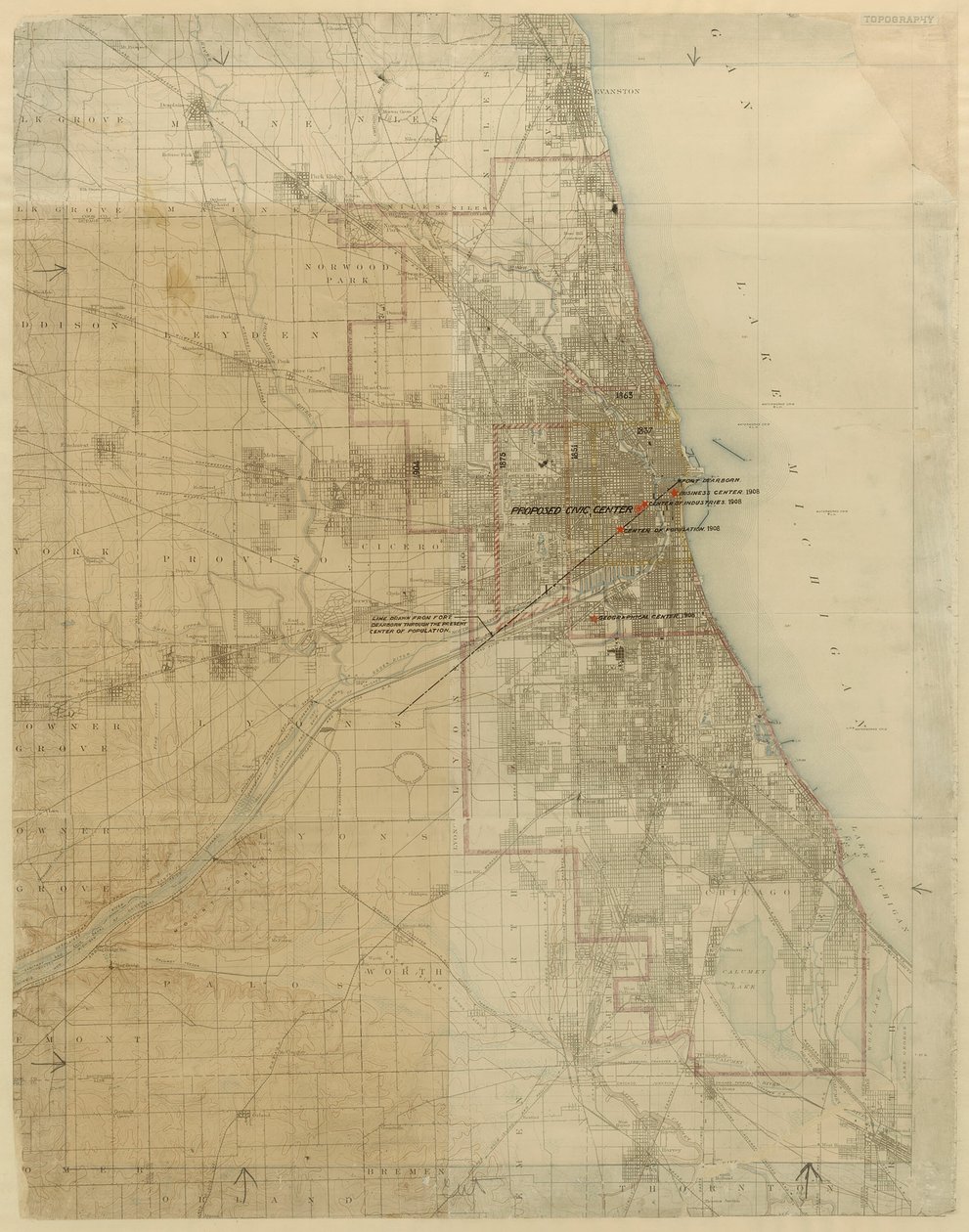 Plan for Chicago, Chicago, Illinois, diagram som viser byvekst, 1909. av Daniel Burnham