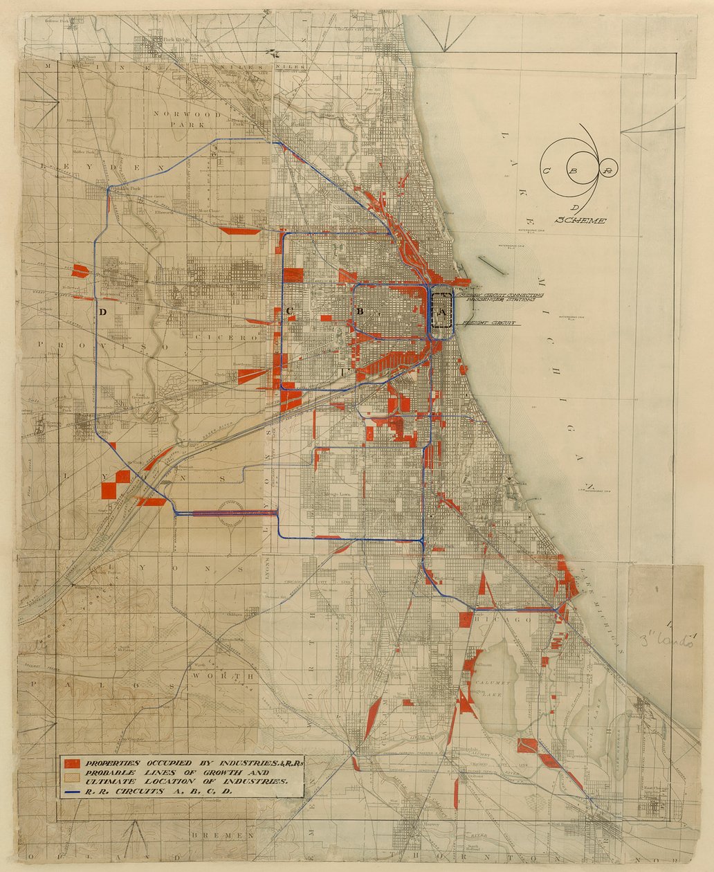 Plan for Chicago, Chicago, Illinois, Railroad Circuits Diagram, 1909. av Daniel Burnham