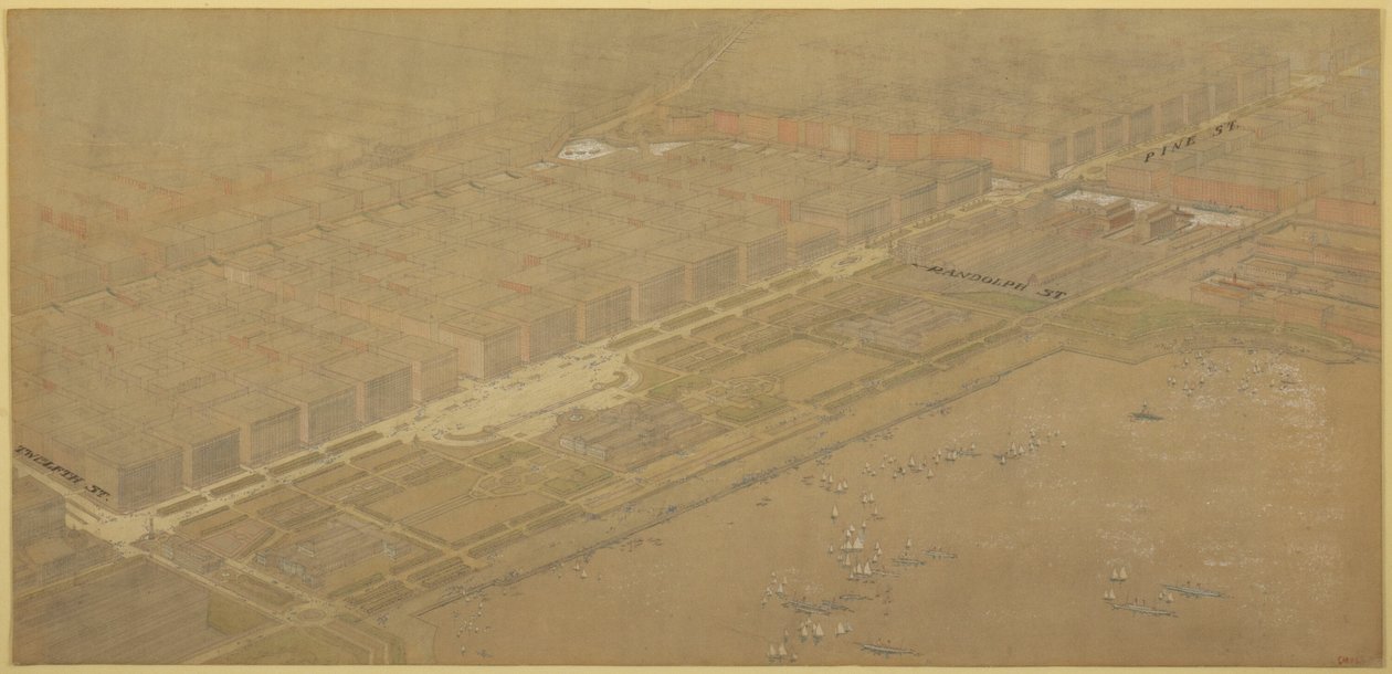 Plate 114 fra The Plan of Chicago, 1909: Chicago. Foreslått Boulevard og Parkway på Michigan ... av Daniel Burnham