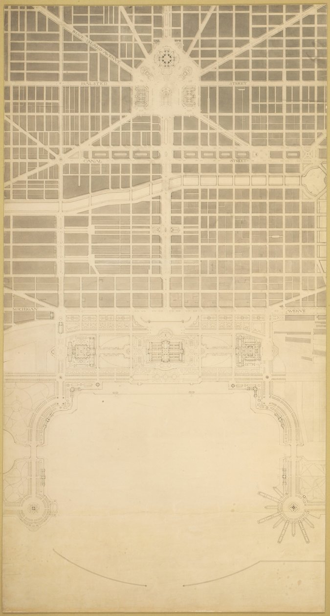 Plate 129 fra The Plan of Chicago, 1909: Chicago. Byens forretningssenter, innenfor... av Daniel Burnham