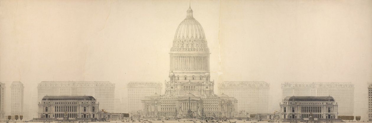 Plate 131 fra The Plan of Chicago, 1909: Chicago. Høyde som viser gruppen av bygninger... av Daniel Burnham
