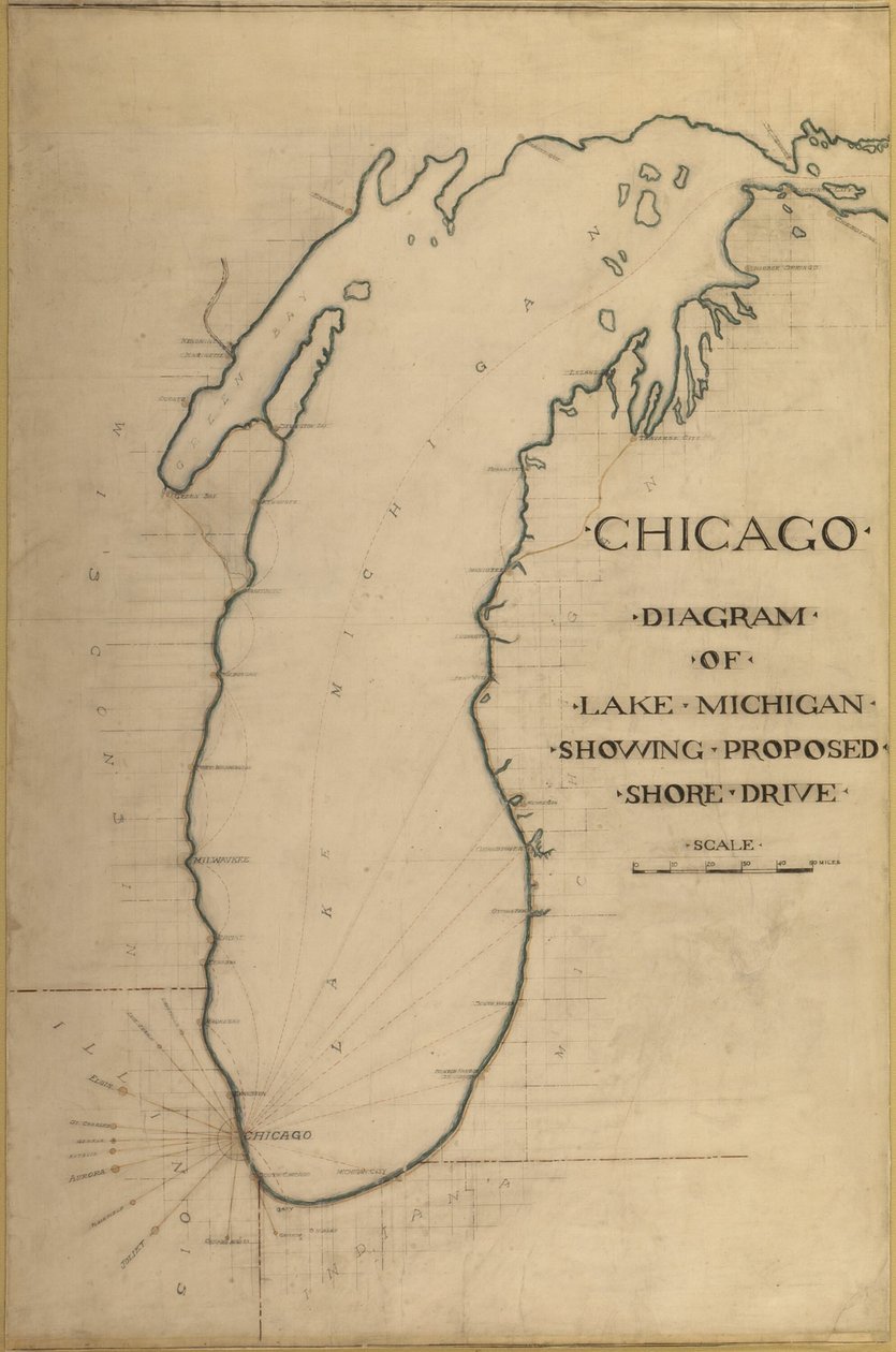 Plate 35 fra Plan of Chicago 1909: Chicago, and Diagram of Lake Michigan. Foreslått kjørebane... av Daniel Burnham