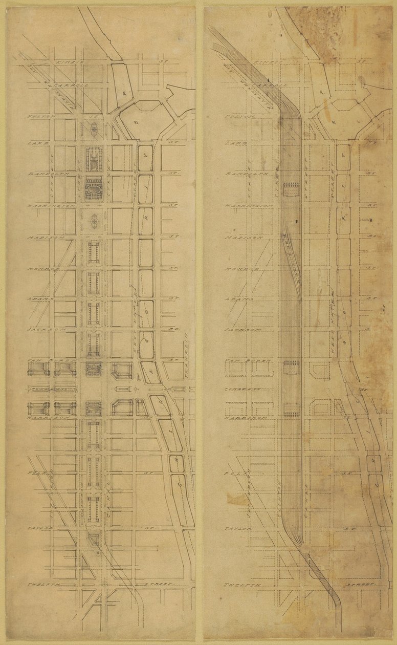 Plate 78 2 tegninger fra The Plan of Chicago, 1909: Foreslått plassering og arrangement av... av Daniel Burnham