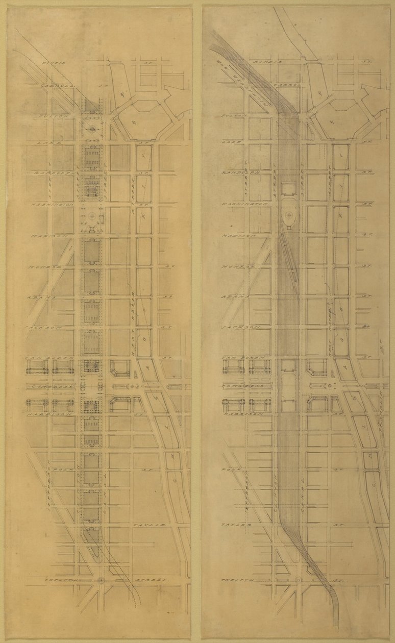 Plate 79 2 Tegninger fra The Plan of Chicago, 1909: Foreslått plassering og arrangement av... av Daniel Burnham