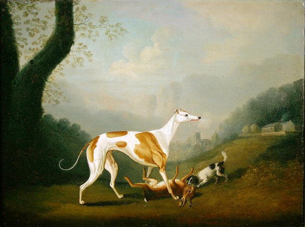 Greyhound med en spanielvalp og død hare (olje på lerret) av Daniel Clowes