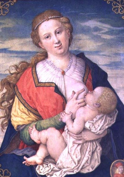 Virgin and Child, 1600 etter en tegning av Albrecht Durer (1471-1528) (se 70446) (wc på pergament plassert på panel) av Daniel Froschl