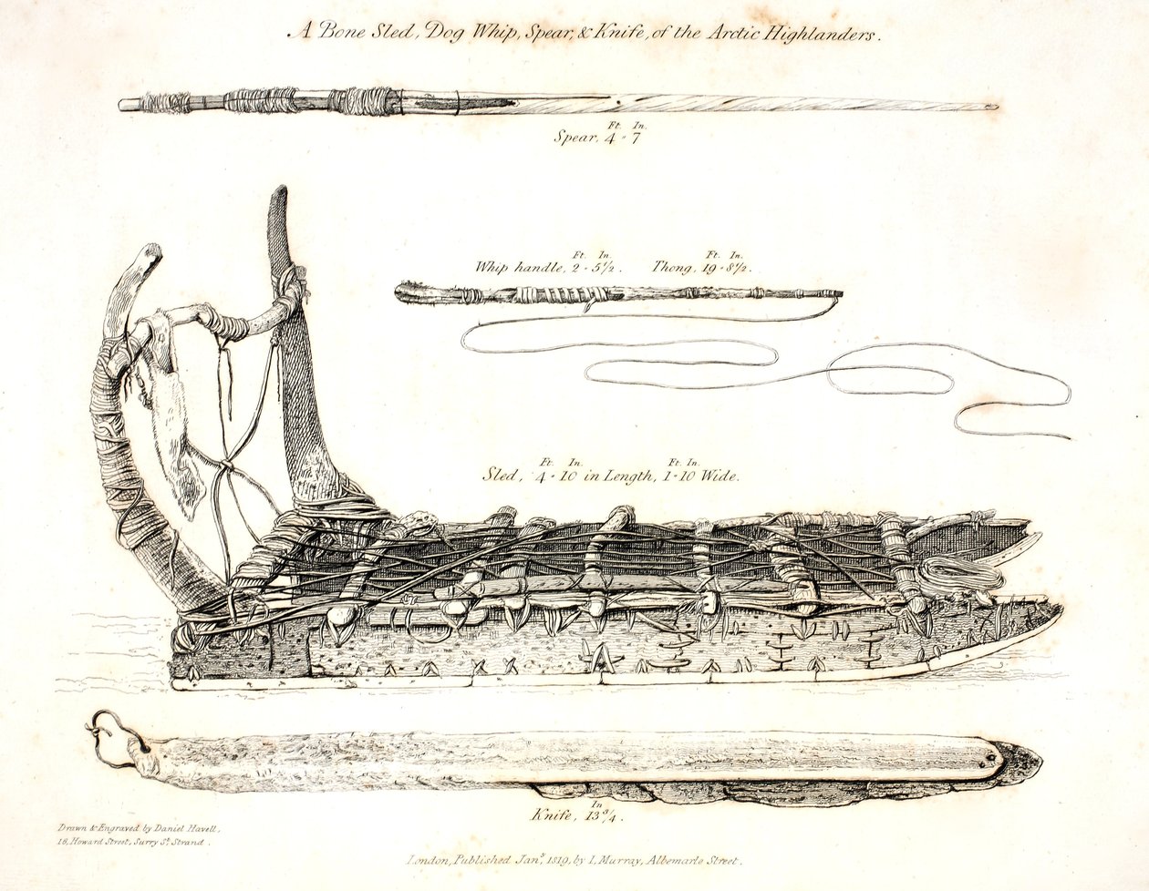 En beinslede, hundepisk, spyd og kniv fra de arktiske høylanderne, illustrasjon fra "A Voyage of Discovery...", 1819 av Daniel Havell