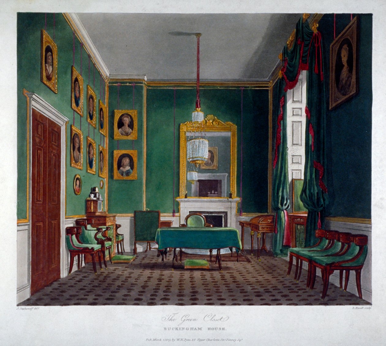 Innvendig utsikt over det grønne skapet i Buckingham House, Westminster, London, 1819 av Daniel Havell
