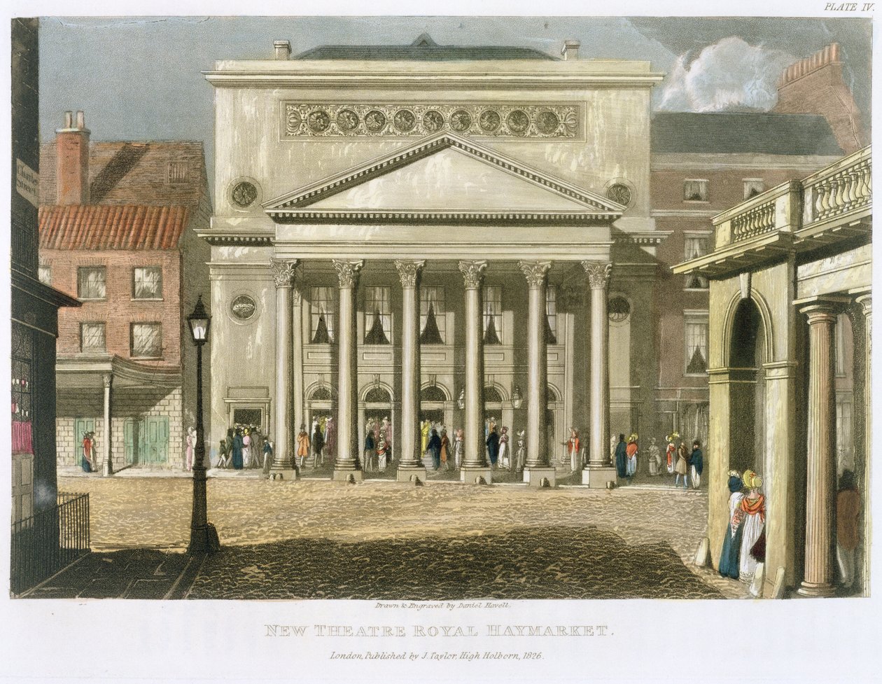 New Theatre Royal, Haymarket, i London, designet av John Nash i 1821, 1826 av Daniel Havell