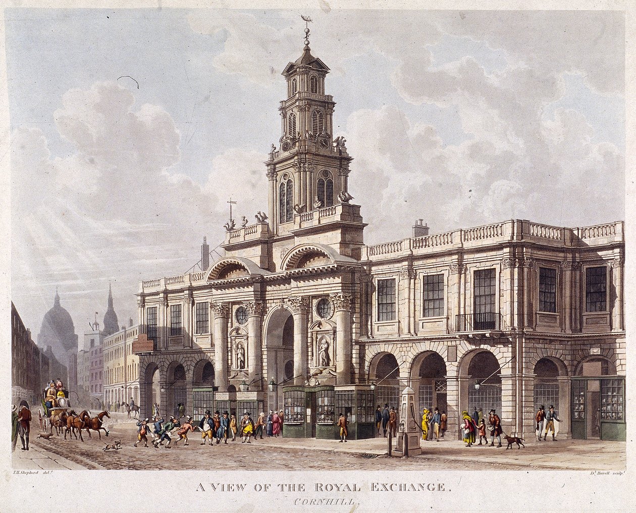 Royal Exchange 2. eksteriør, London, 1816 av Daniel Havell