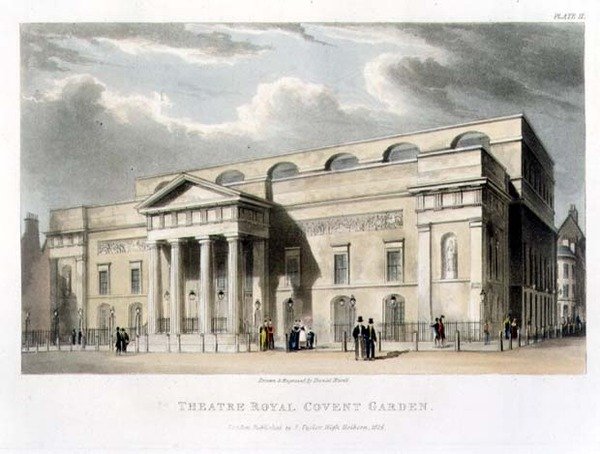Theatre Royal, Covent Garden, i London, designet av Robert Smirke i 1809 av Daniel Havell
