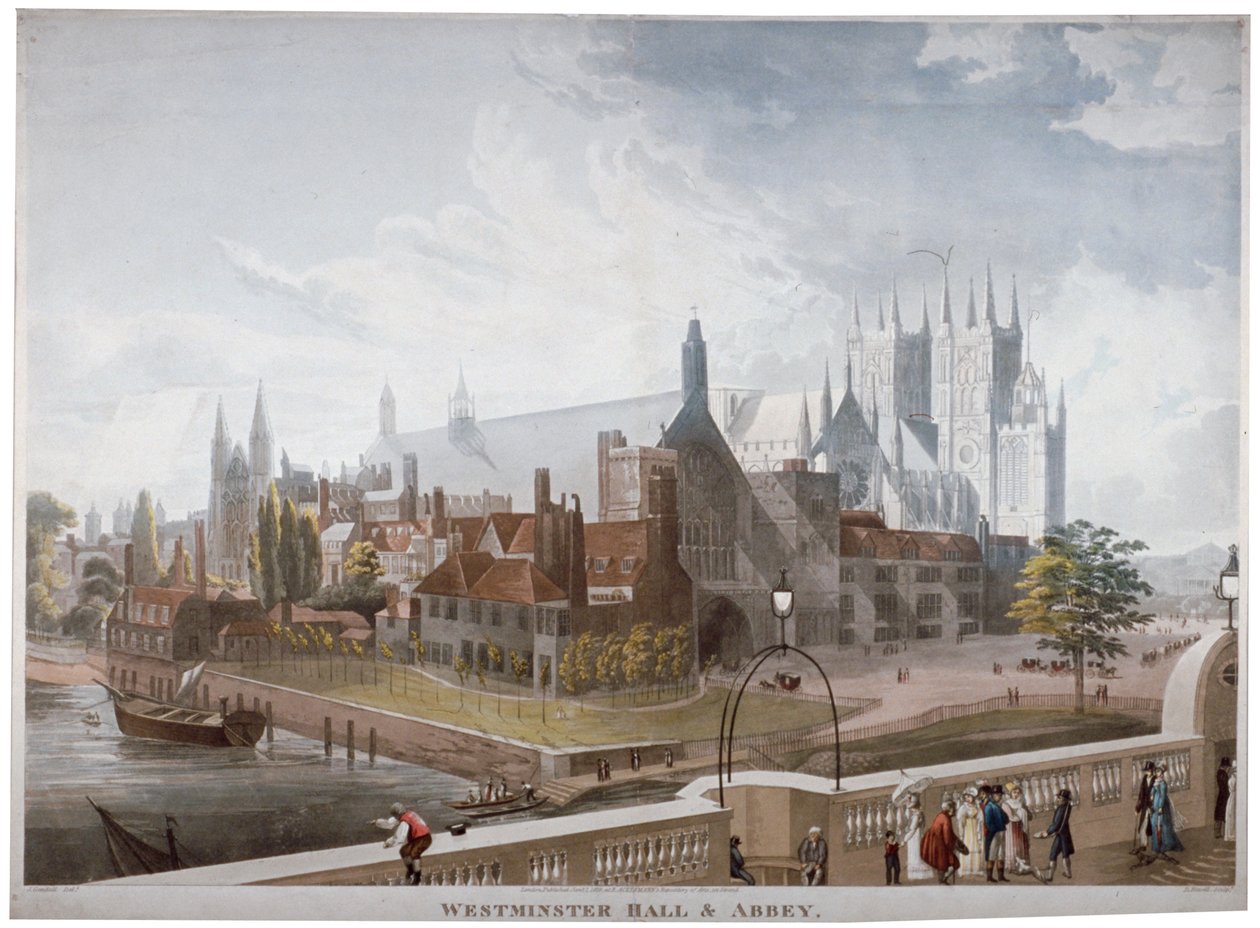 Utsikt over Westminster Hall og Abbey, fra Westminster Bridge, London, 1819. av Daniel Havell