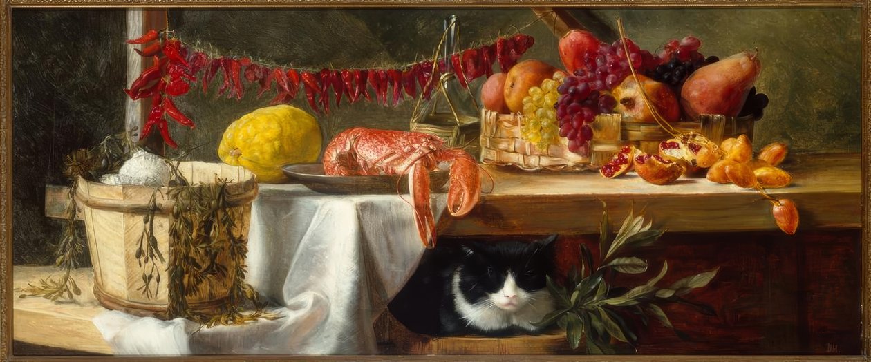 Stilleben med paprika, frukt, hummer og katt av Daniel Hock