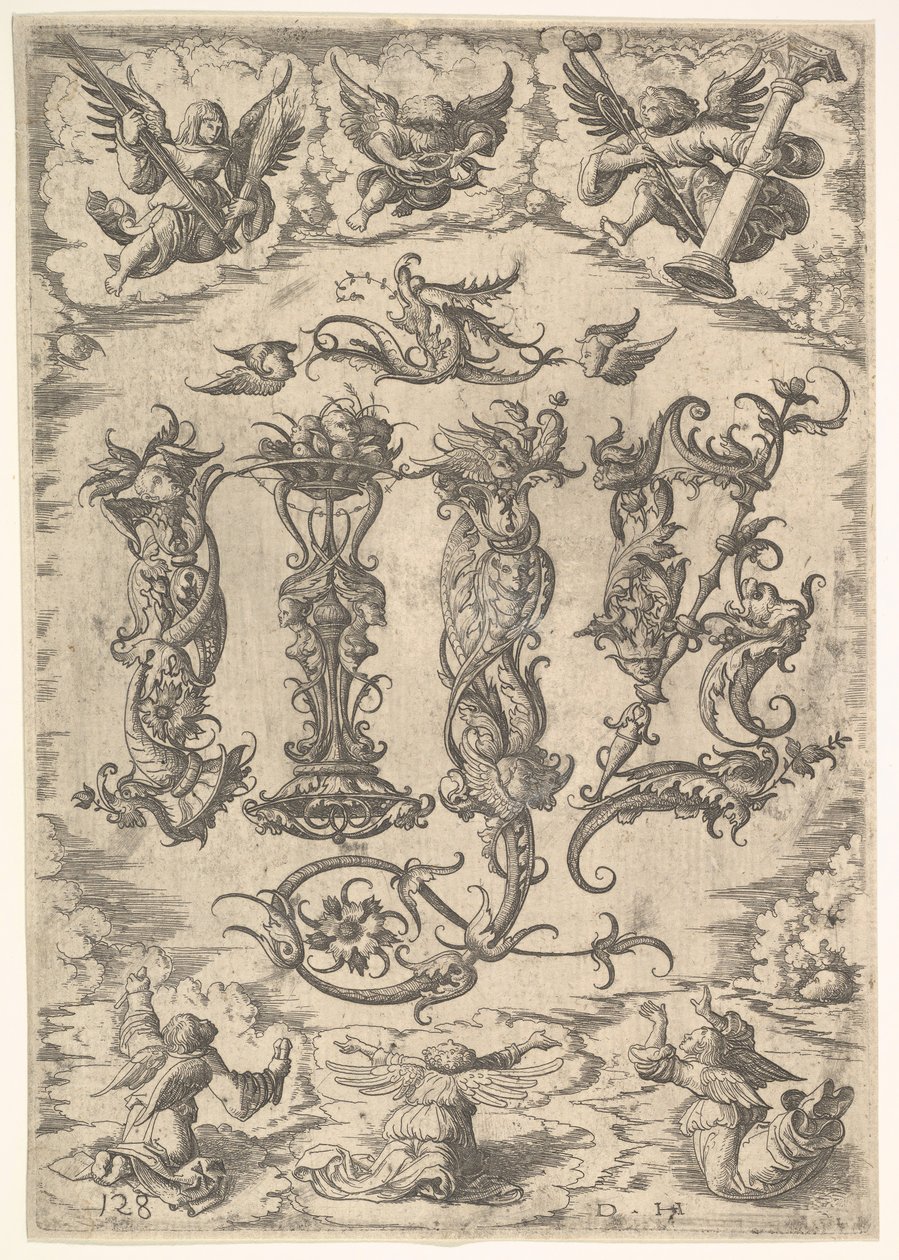IHS Monogram omgitt av Six Angels, ca. 1485-1536. av Daniel Hopfer
