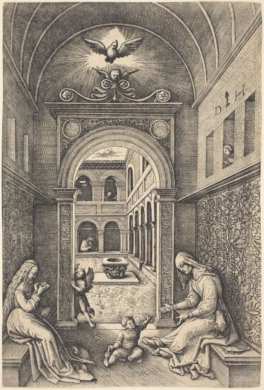 Jomfruen og barnet med Saint Anne ved en portal av Daniel Hopfer