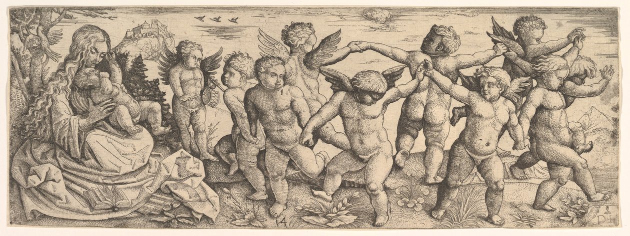 Jomfru og barn med engler som danser i et landskap, 1530-tallet. av Daniel Hopfer